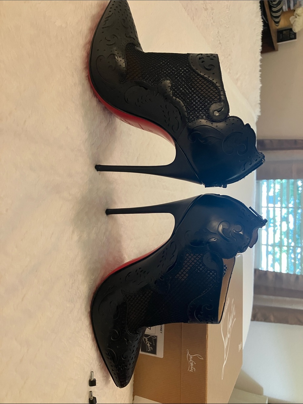 Christian Louboutin Black Laser-Cut Peep-Toe Stiletto Booties with Red Sole - Picture 6 of 10